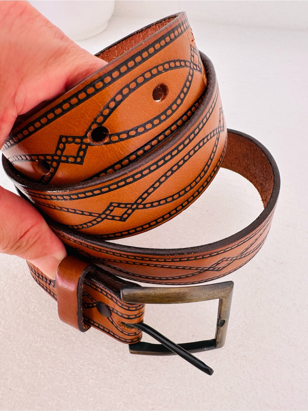 Brown Genuine Leather Belt Copper Buckle L 1.5”W Adjust 40 Boho Western